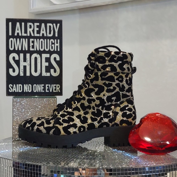 Gianni Bini Rhinestone Crystal Hiking Lace Boots Leopard Black Cinderella Shoes